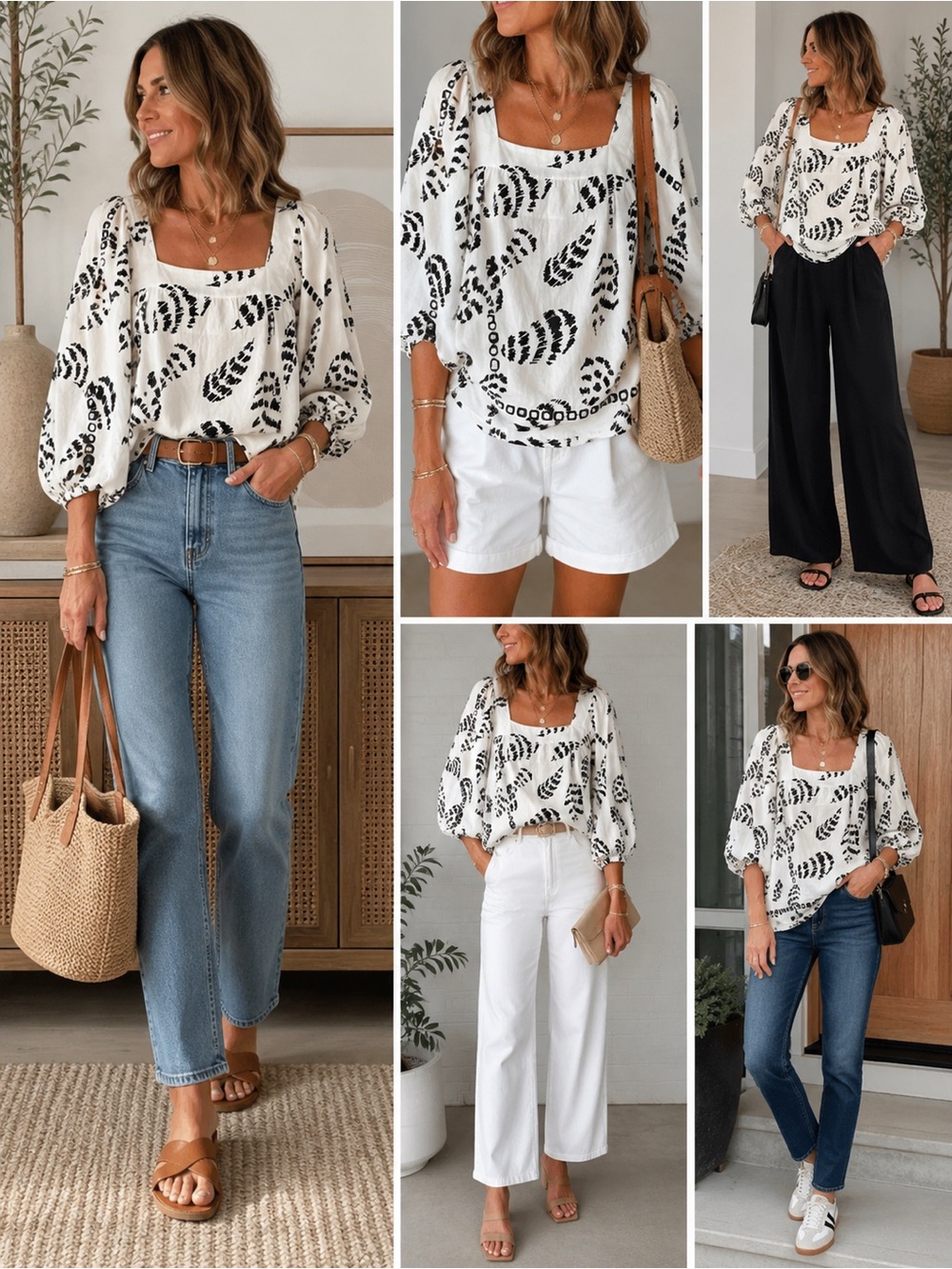 Anthropologie White Top with Black Abstract Print